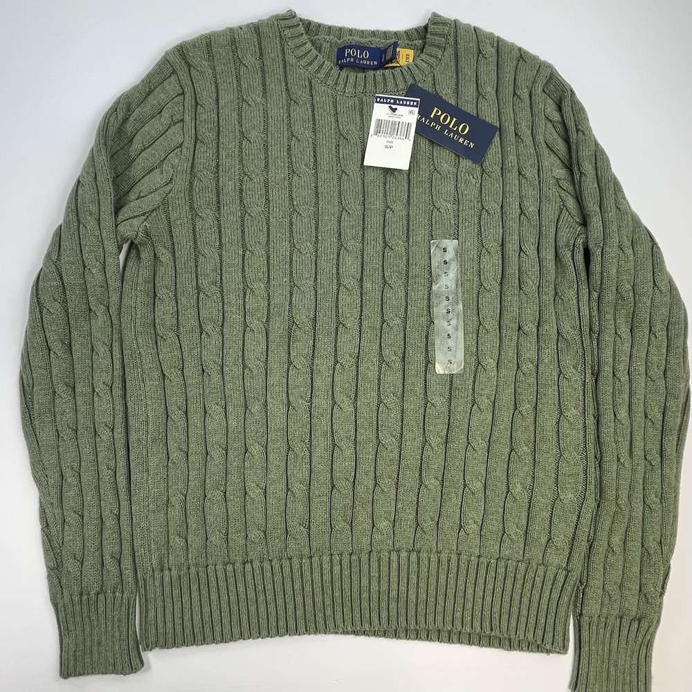 NWT Polo Ralph Lauren Cable-Knit Cotton Crewneck in Grey Green Heather Sweater M
